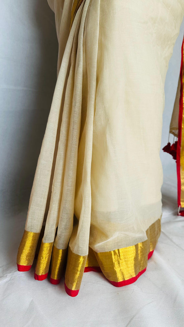 Mul Mul Cotton Jori Border Sarees-Red Border