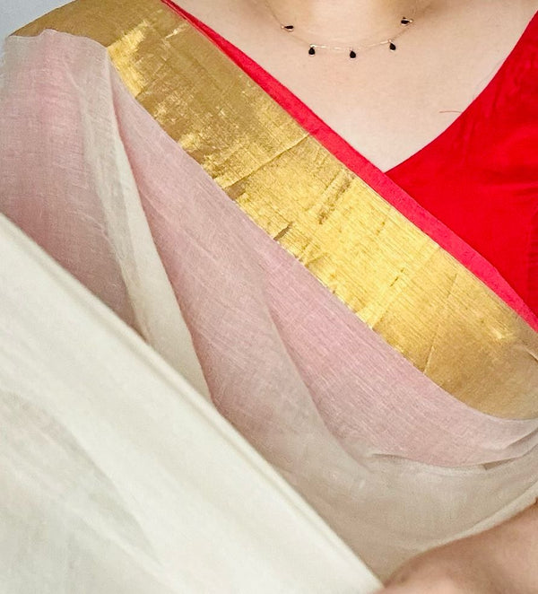 Mul Mul Cotton Jori Border Sarees-Red Border