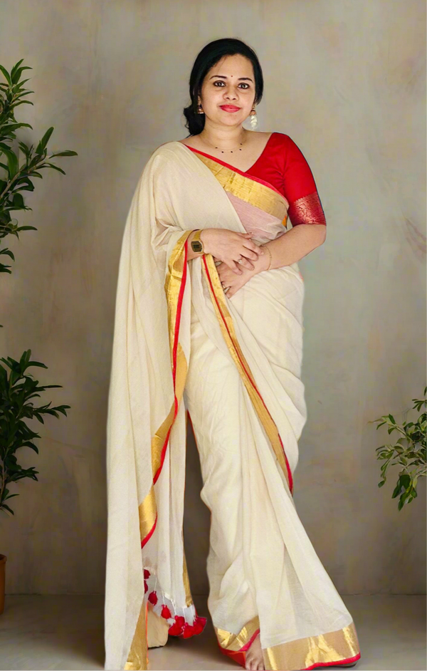 Mul Mul Cotton Jori Border Sarees-Red Border