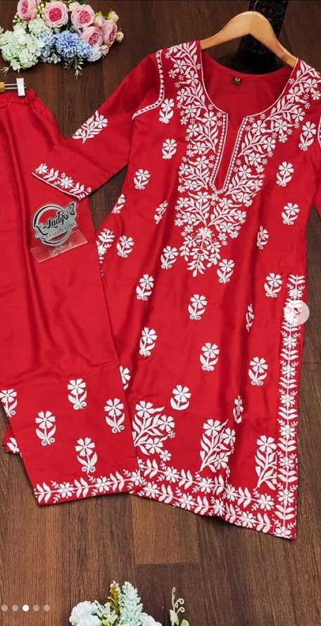 Rayon Cotton Top and Pant with Chikankari Work Red