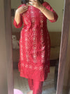 Batik Kurti With Dupatta Pant Set-Hand Work Maroon