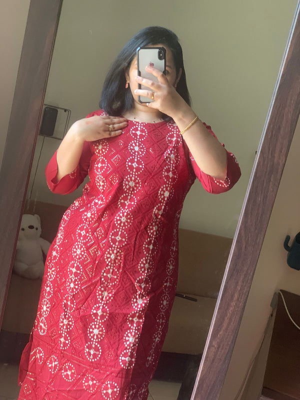 Batik Kurti With Dupatta Pant Set-Hand Work Maroon