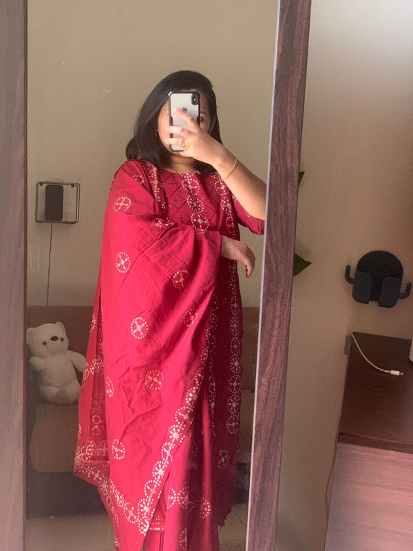 Batik Kurti With Dupatta Pant Set-Hand Work Maroon