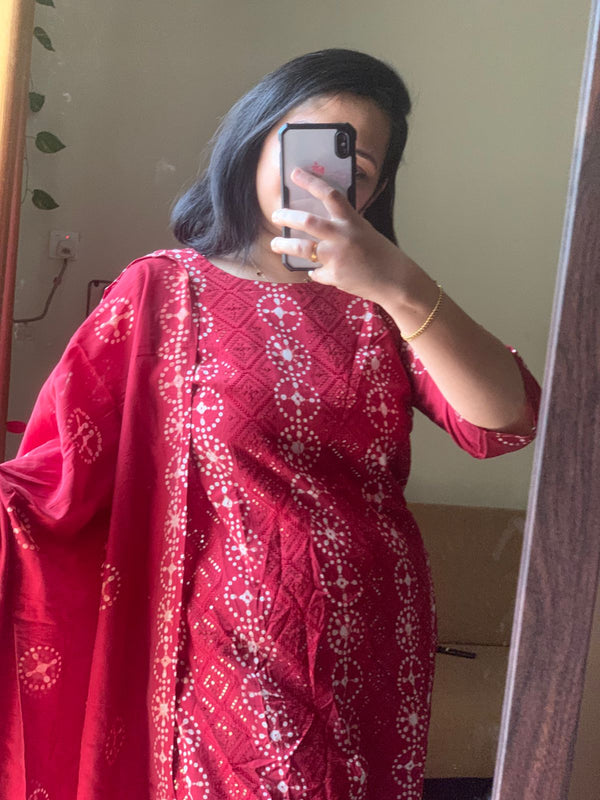 Batik Kurti With Dupatta Pant Set-Hand Work Maroon