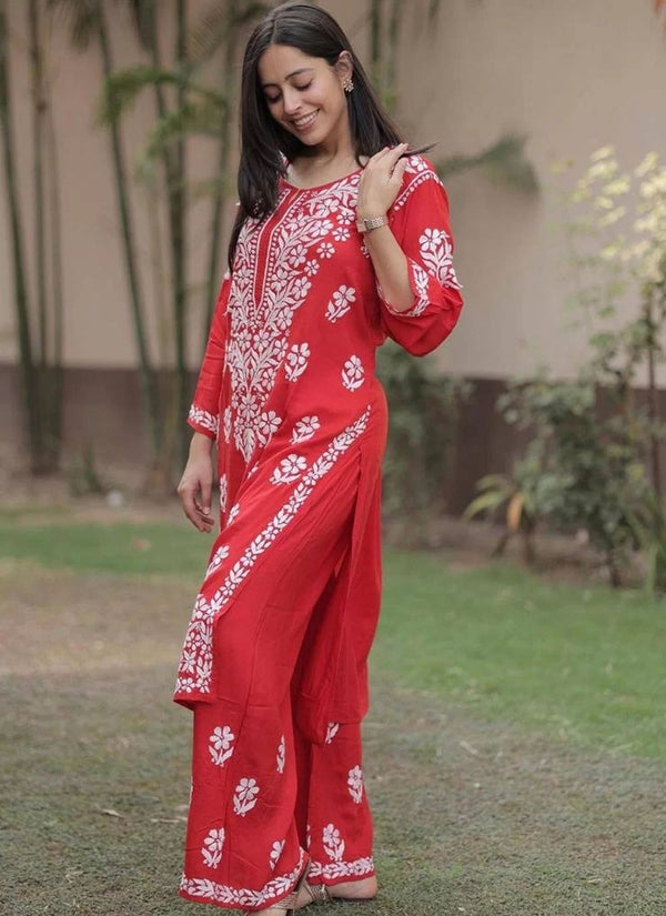 Rayon Cotton Top and Pant with Chikankari Work Red