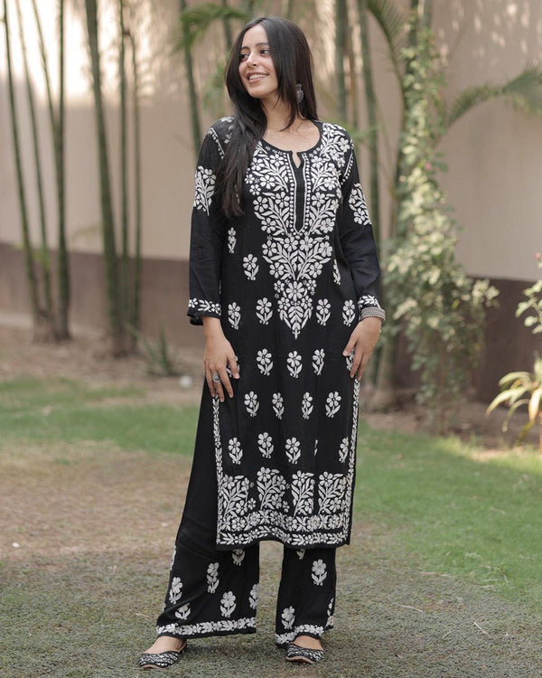 Rayon Cotton Top and Pant with Chikankari Work Black