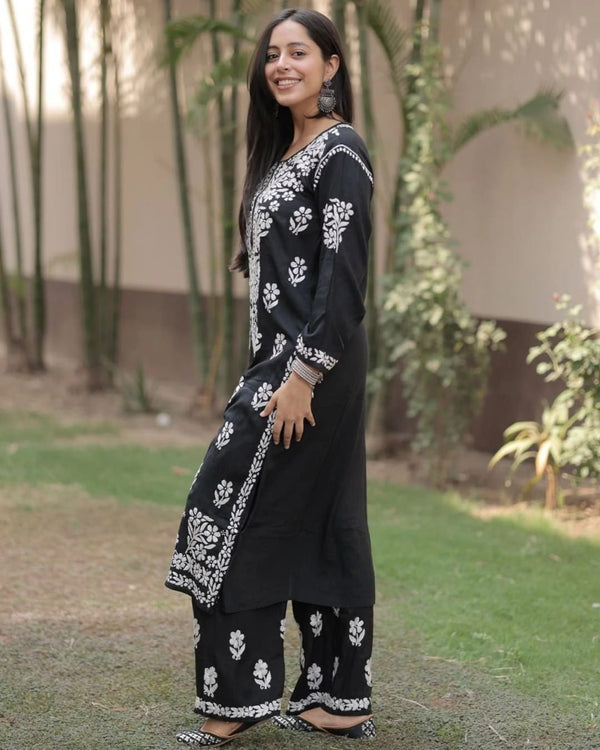 Rayon Cotton Top and Pant with Chikankari Work Black