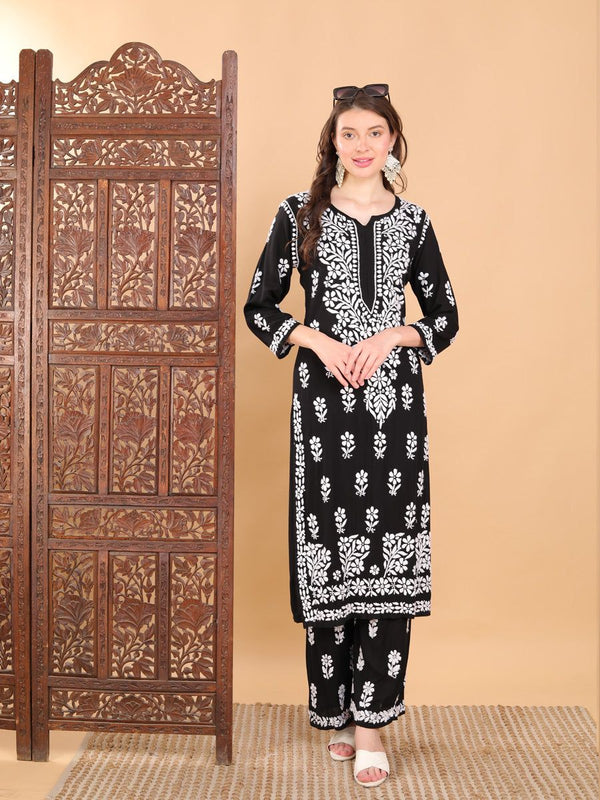 Rayon Cotton Top and Pant with Chikankari Work Black