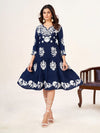 Frill and Flare Midi Dress with Lakhnavi Work-Navy Blue