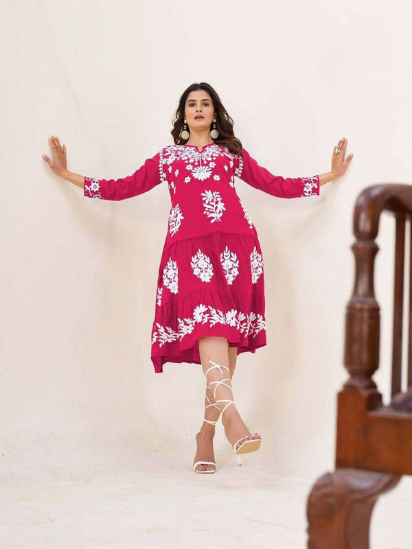 Frill and Flare Midi Dress with Lakhnavi Work-Pink