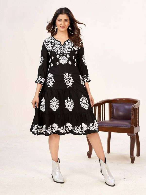 Frill and Flare Midi Dress with Lakhnavi Work-Black