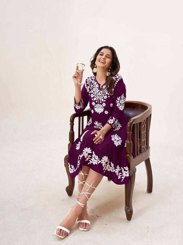 Frill and Flare Midi Dress with Lakhnavi Work-Wine Red