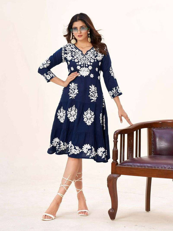 Frill and Flare Midi Dress with Lakhnavi Work-Navy Blue