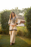 Beige V-Neck Co-Ord SetBlack Thread Embroidery & Border Detailing Perfect for All Occasions