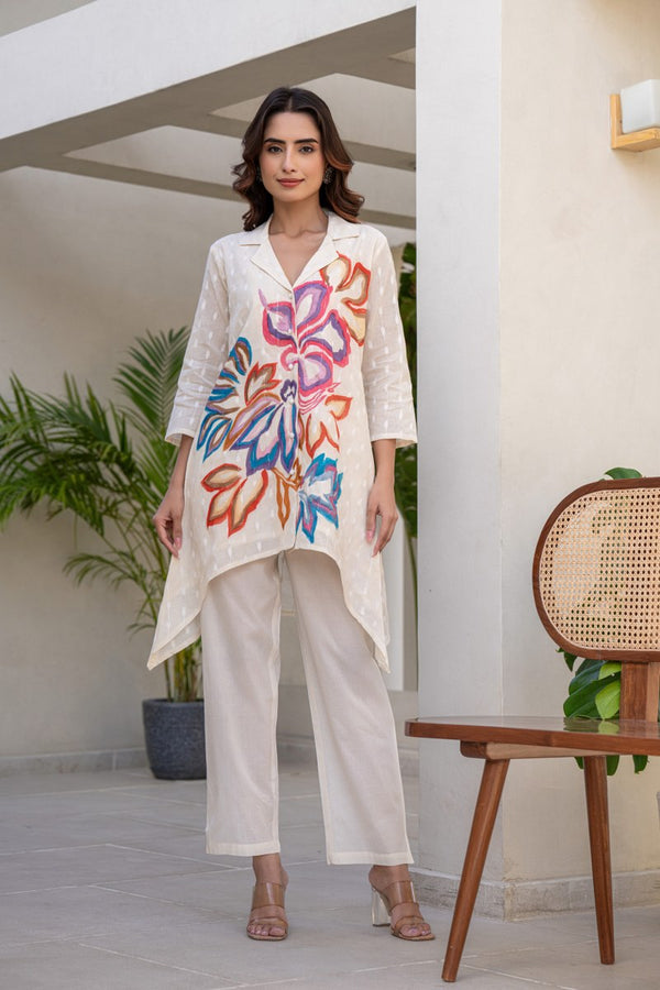 Off-White Hand Brush Printed A-Line Kurta Pant Set