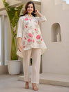 Off White Embroidered A Line Short Kurti Pant set