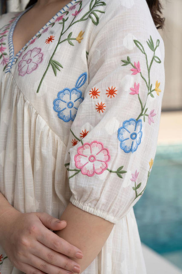 Off White Floral Embroidered Empire Dress