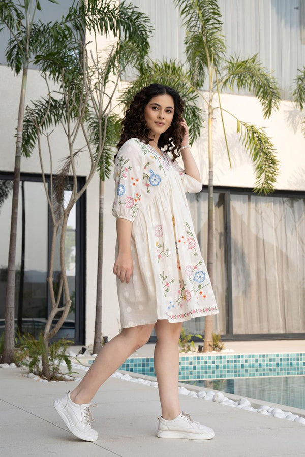 Off White Floral Embroidered Empire Dress