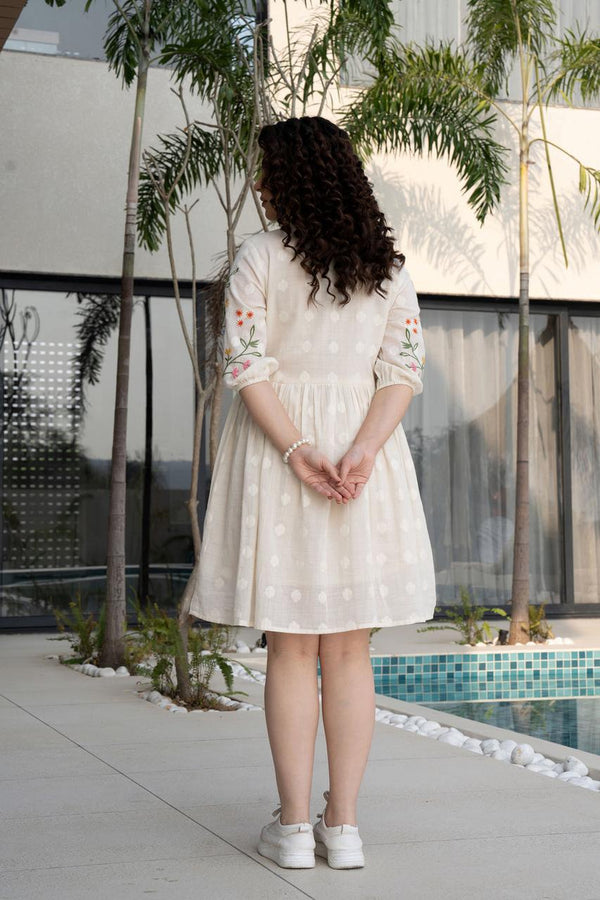 Off White Floral Embroidered Empire Dress