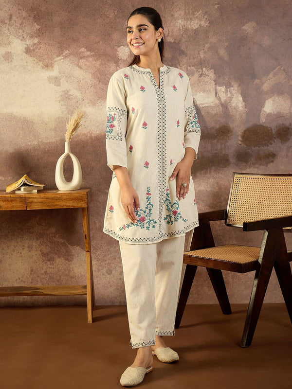 Co-ord Set Khadi Cotton with Embroidery Work- Soft Ivory