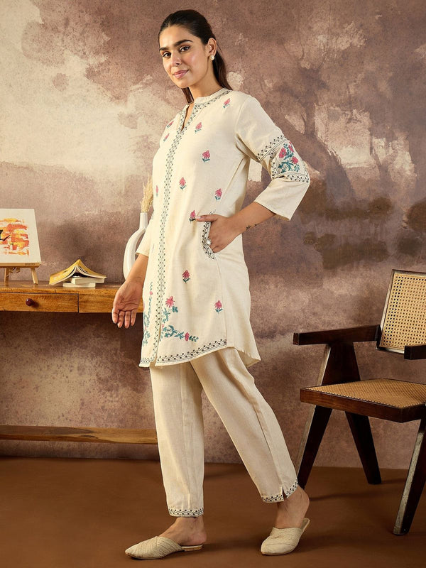 Co-ord Set Khadi Cotton with Embroidery Work- Soft Ivory