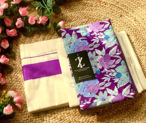 Kerala Cotton Set Mundu with Blouse Peace - Purple Border