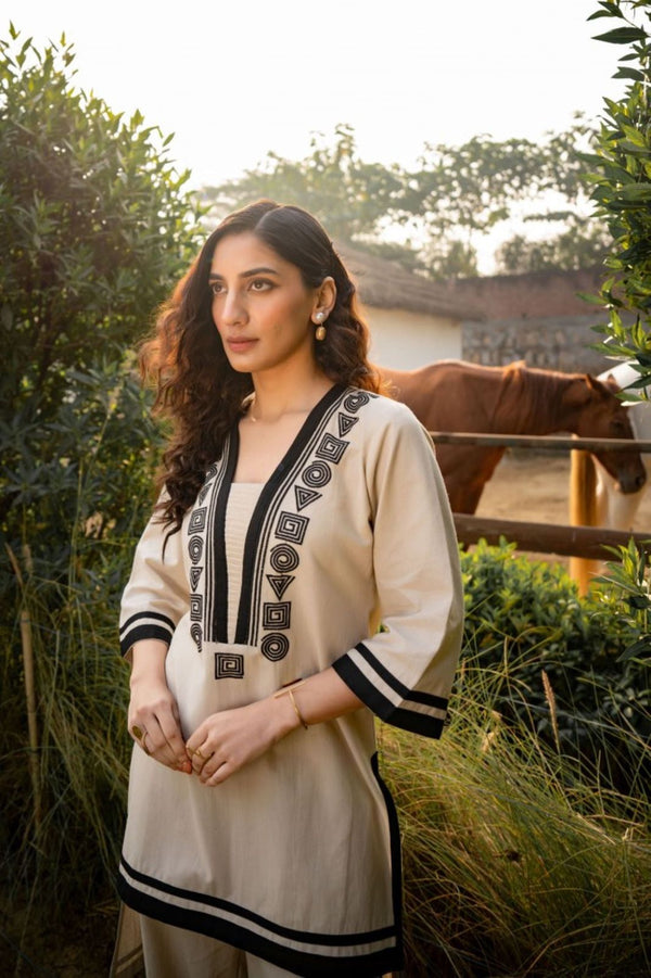 Beige V-Neck Co-Ord SetBlack Thread Embroidery & Border Detailing Perfect for All Occasions