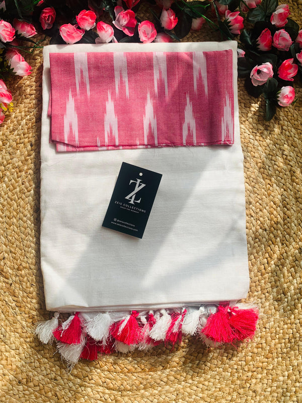 Linen White Sarees With Contrast Piping