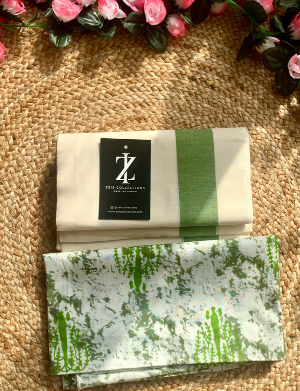 Kerala Cotton Set Mundu with Blouse Peace - Green Kara