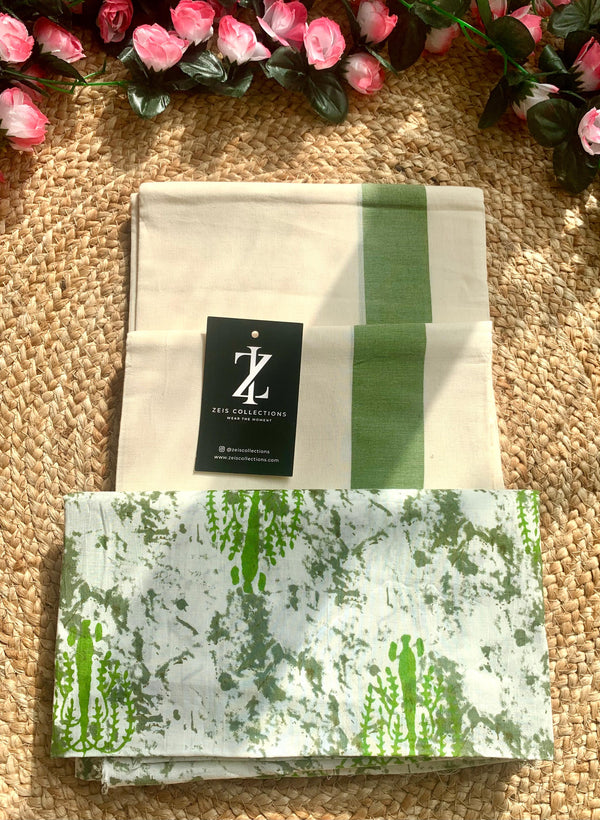 Kerala Cotton Set Mundu with Blouse Peace - Green Kara