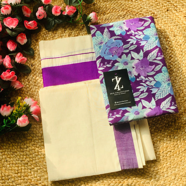 Kerala Cotton Set Mundu with Blouse Peace - Purple Border