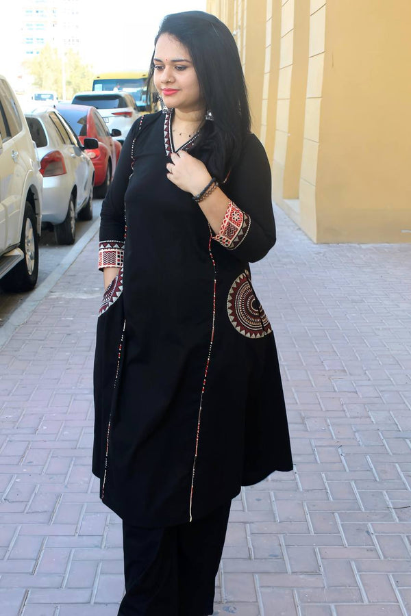 A Line Kurti With Plazo-With Pocket - Black