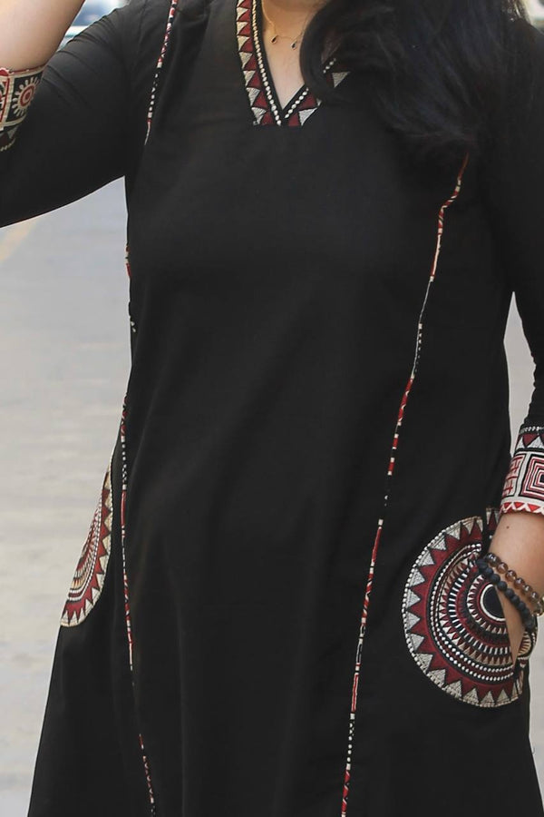 A Line Kurti With Plazo-With Pocket - Black