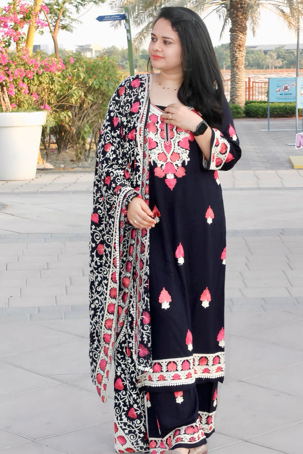 Rayon Deep Navy Blue Floral Embroidery Thread Work 3 pc Suit