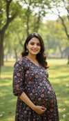 Floral Print 60/60 Cotton Slitted Maternity Kurti-Pant Set with feeding Zips