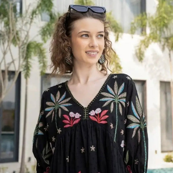 Cotton Top with Embroidery Work - Black
