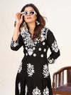 Frill and Flare Midi Dress with Lakhnavi Work-Black