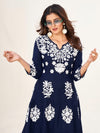 Frill and Flare Midi Dress with Lakhnavi Work-Navy Blue
