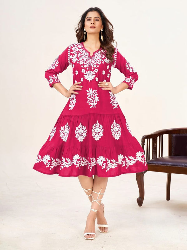Frill and Flare Midi Dress with Lakhnavi Work-Pink