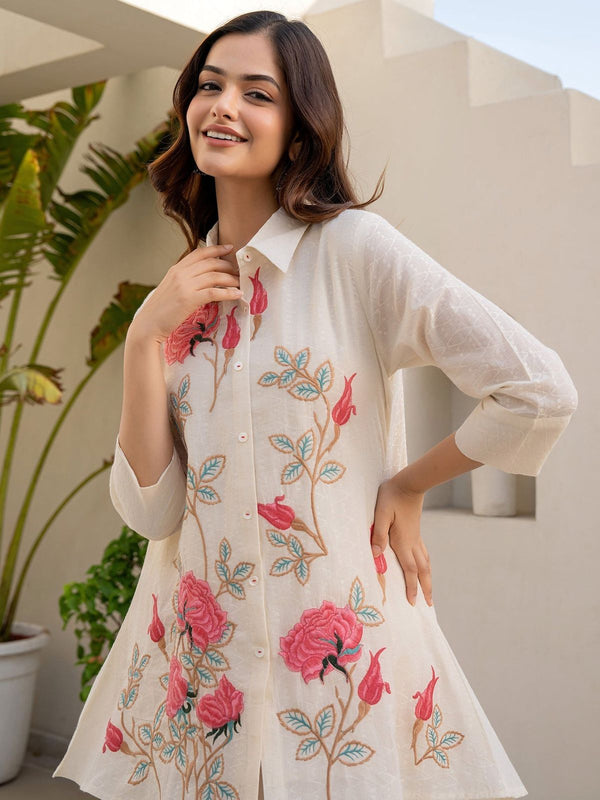Off White Embroidered A Line Short Kurti Pant set
