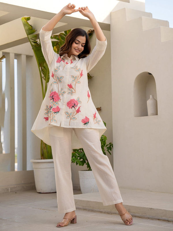 Off White Embroidered A Line Short Kurti Pant set