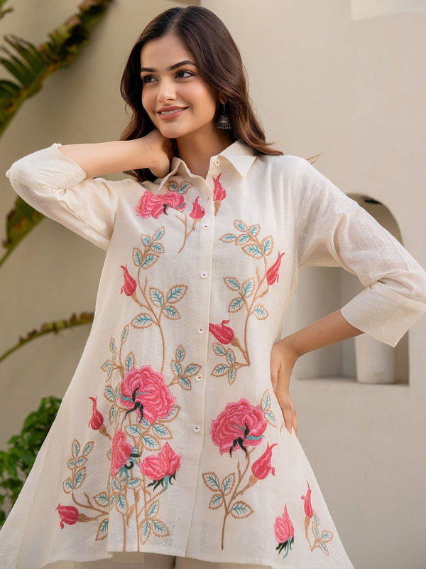 Off White Embroidered A Line Short Kurti Pant set