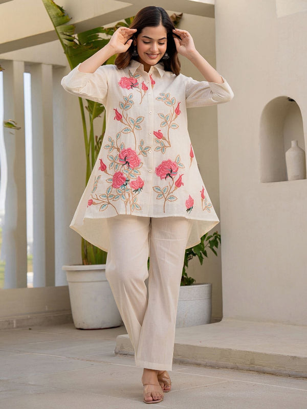 Off White Embroidered A Line Short Kurti Pant set