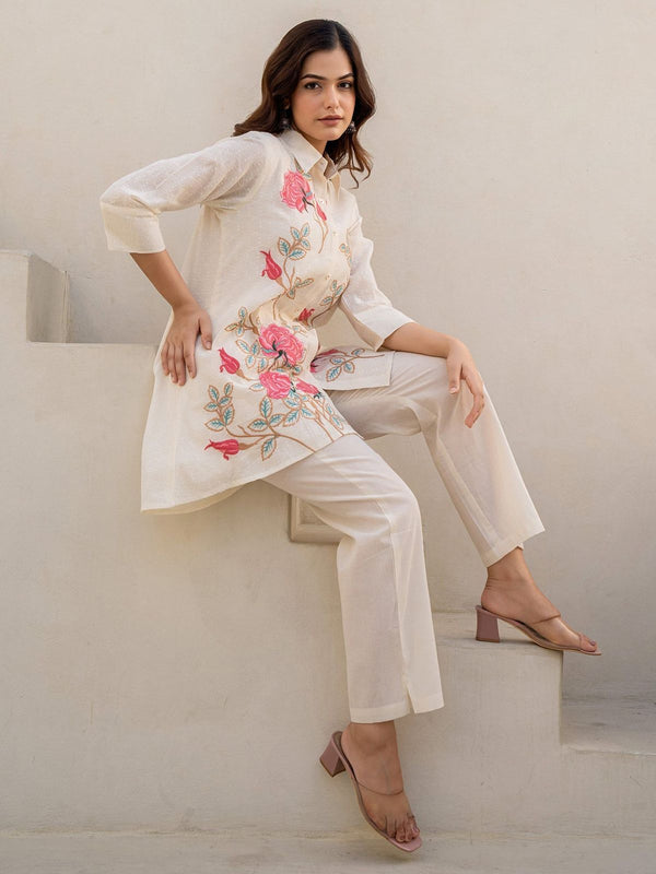 Off White Embroidered A Line Short Kurti Pant set