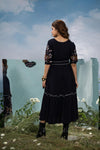 Black Rayon Embroidered Belt Dress