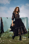 Black Rayon Embroidered Belt Dress