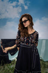 Black Rayon Embroidered Belt Dress