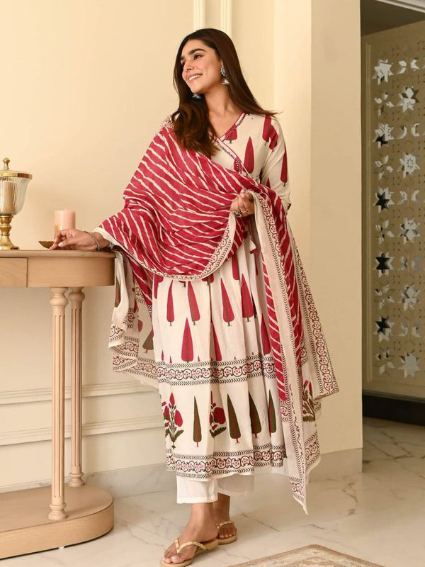 Pure Fine Cotton Fabric Kurti 3 PC Set- Off White